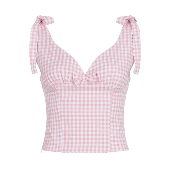 Damen V-Ausschnitt Top mit Bindedetails im Karomuster EB