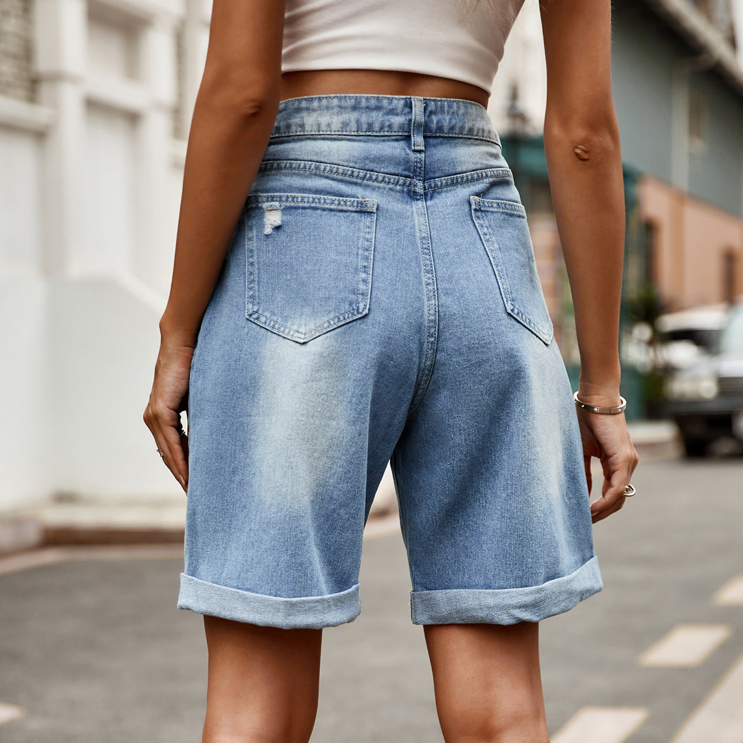 Damen entspannte Denim-Shorts mit umgeschlagenem Saum EB