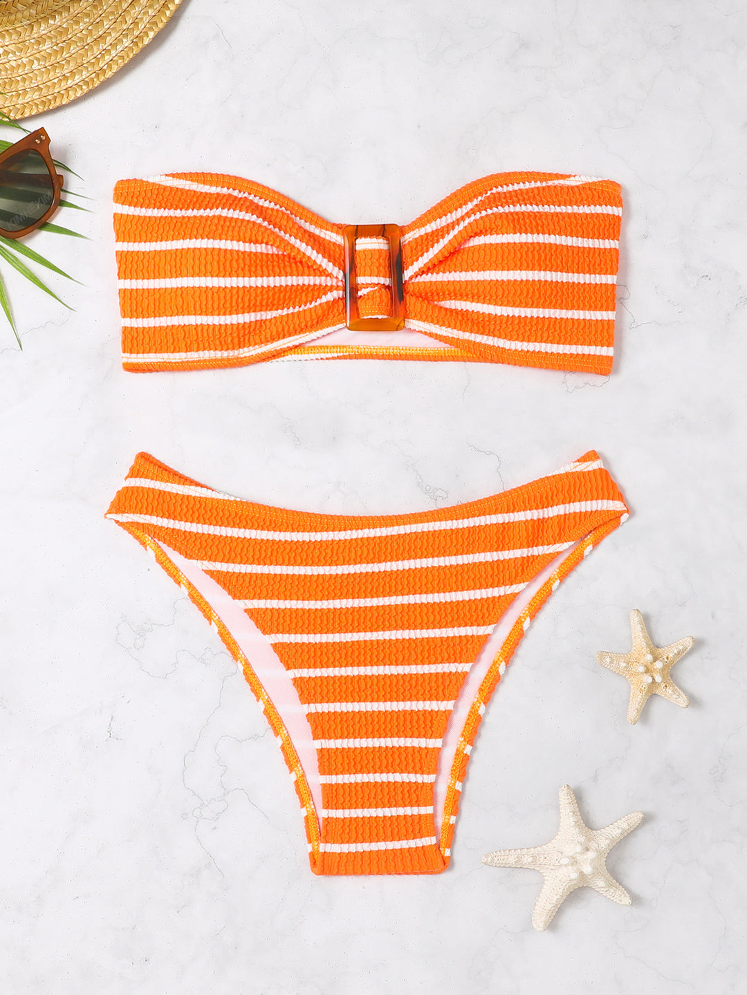 Damen Bandeau-Bikini mit modischem Streifenmuster und dekorativer Schnalle EB