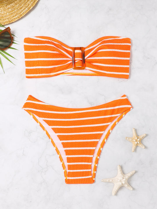 Damen Bandeau-Bikini mit modischem Streifenmuster und dekorativer Schnalle EB