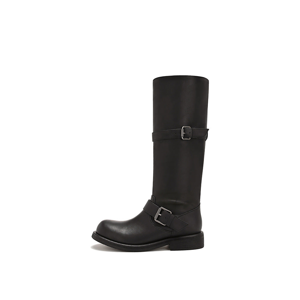 Damen Stiefel im lässigen Biker-Stil mit robustem Riemen und bequemem Blockabsatz EB