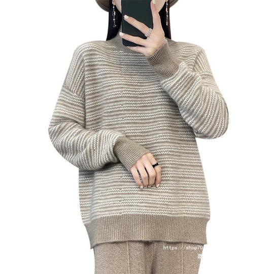Damen Strickpullover mit modernem Streifenmuster und bequemen Daumenlöchern EB