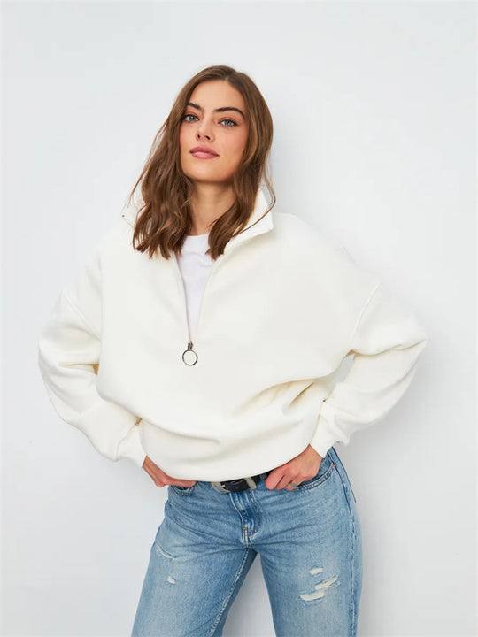 Damen Oversized Halbzip Sweater mit hohem Stehkragen und Rippbündchen EB