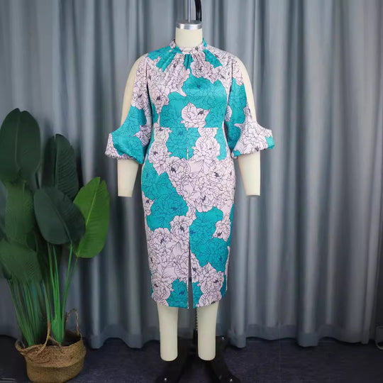 Damen elegantes Wickelkleid mit floralem Muster und modischen Cut-Out-Ärmeln EB
