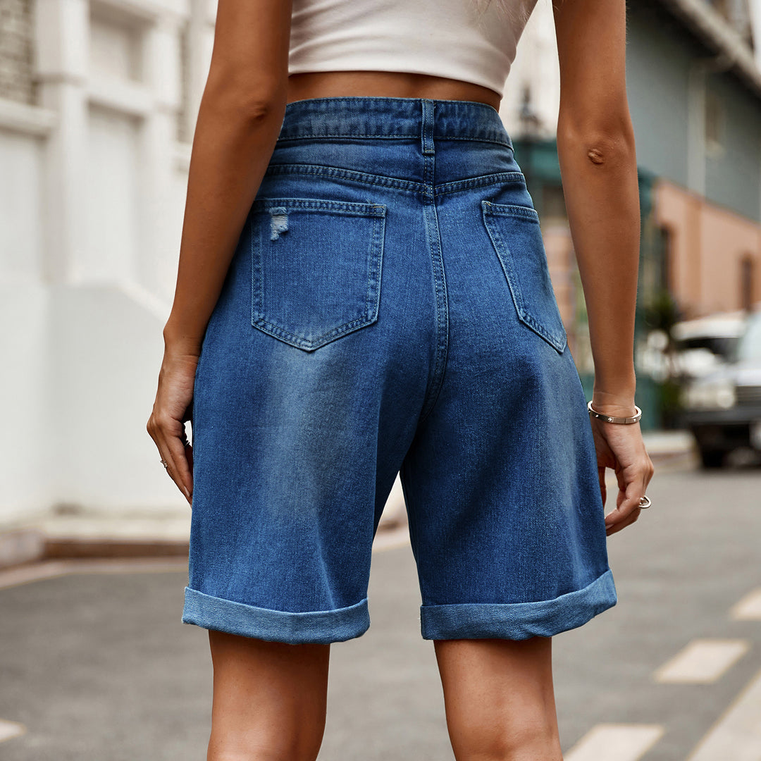 Damen entspannte Denim-Shorts mit umgeschlagenem Saum EB