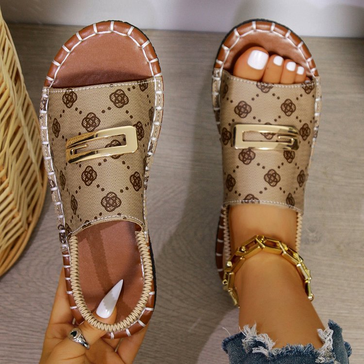 Damen Offene Pantolette mit Metallornament und kontrastierter Ziernaht EB