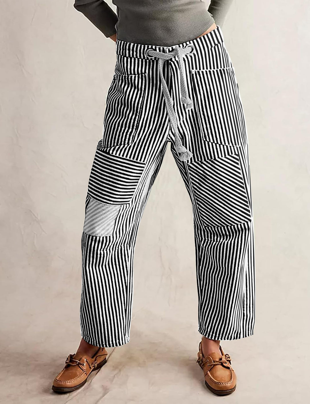 Damen nan lässige gestreifte Leinenhose mit Kordelzug und aufgesetzten Taschen EB