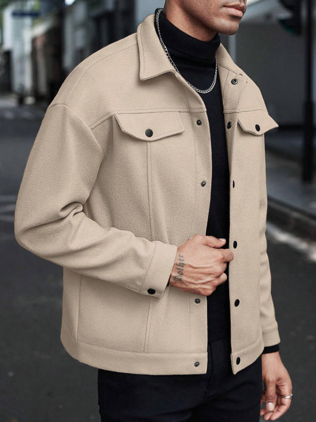 Herren nan Wolloptik-Overshirt Jacke im Shacket-Stil mit Brustklappen und Druckknopfleiste EB