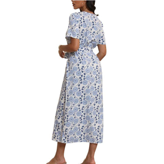 Damen Langarmmaxikleid mit floralem Design und elegantem Bindegürtel EB