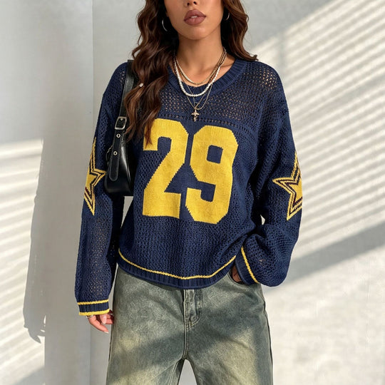 Damen Oversize Netz-Strick Cropped Pullover mit V-Ausschnitt EB