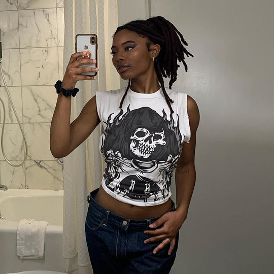 Damen ärmelloses Grafik-T-Shirt mit kreativer Tierillustration EB