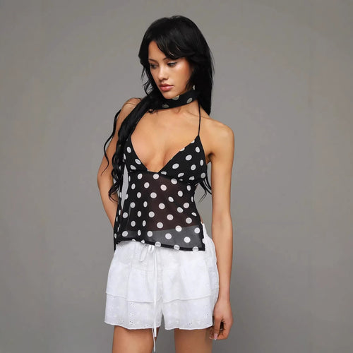 Damen Polka-Dot Oberteil mit dekorativem Halstuch und leichtem Stoff EB