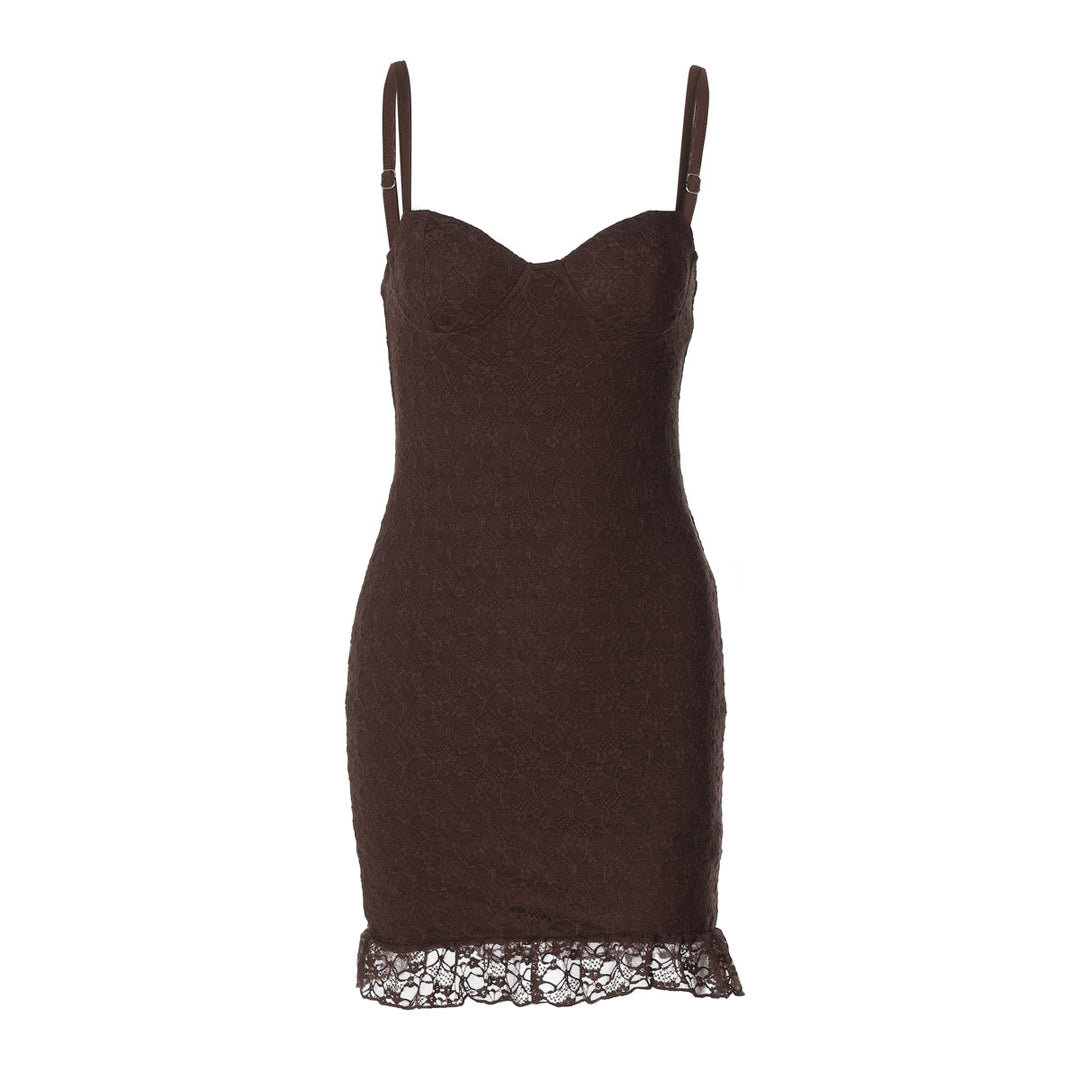Damen figurbetontes Spitzenkleid mit verführerischem Bustier-Ausschnitt und dekorativem Saum EB