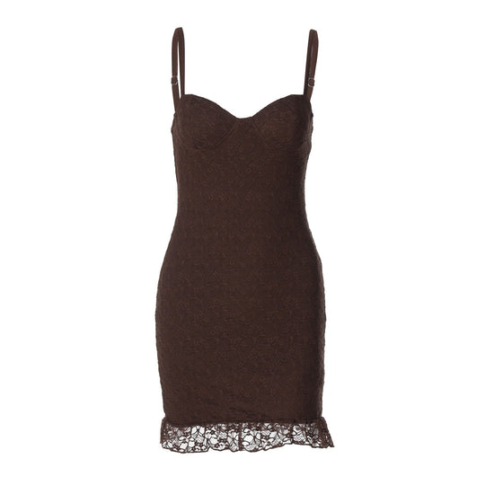 Damen figurbetontes Spitzenkleid mit verführerischem Bustier-Ausschnitt und dekorativem Saum EB