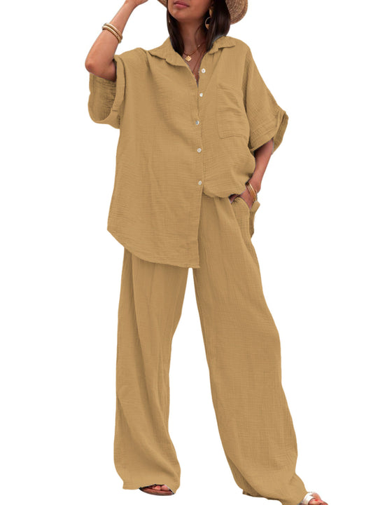 Damen luftiges Oversize-Hemd und weite Hose Set EB