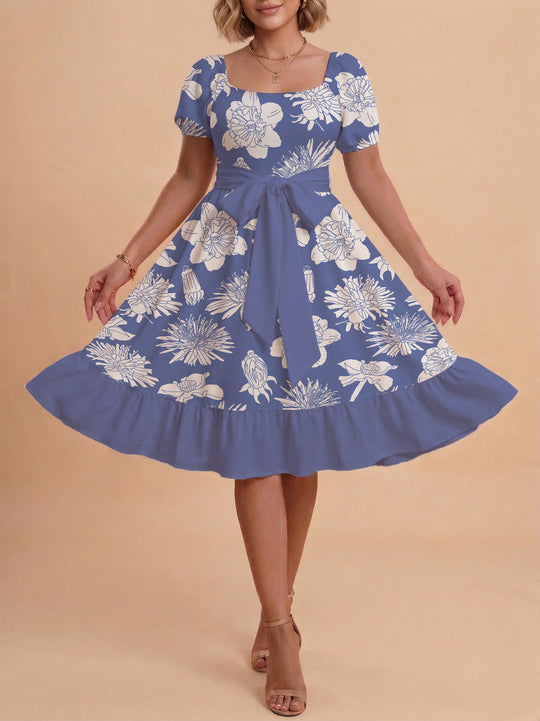 Damen A-Linien-Kleid mit floralen Motiven und taillierbarem Gürtel EB