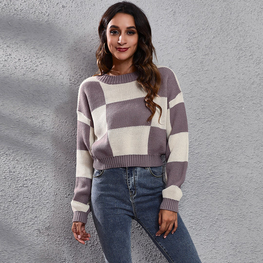 Damen Oversized Strickpullover mit modernen Karomuster und hohem Kragen EB