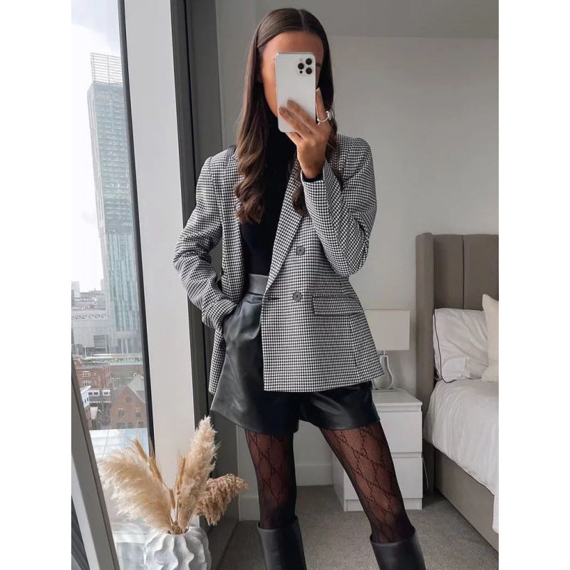 Damen kariertes Blazerjacke mit doppelter Knopfreihe und idealem Schnitt EB