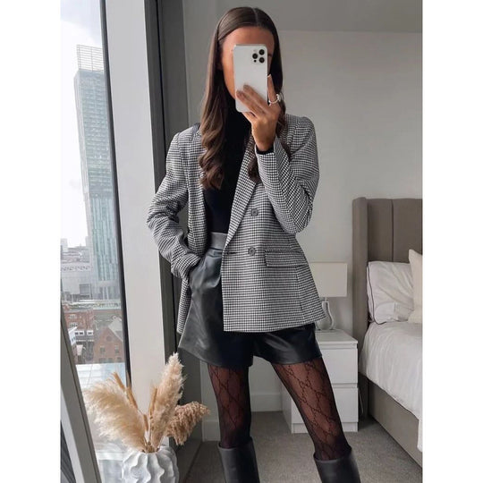 Damen kariertes Blazerjacke mit doppelter Knopfreihe und idealem Schnitt EB