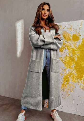 EB | Lange Strickjacke Strickstoff Lockere Passform Offene Vorderseite Seitliche Taschen