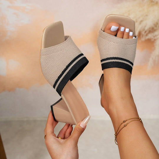 Damen elegante Mules mit Blockabsatz und modischem Gewebemuster EB