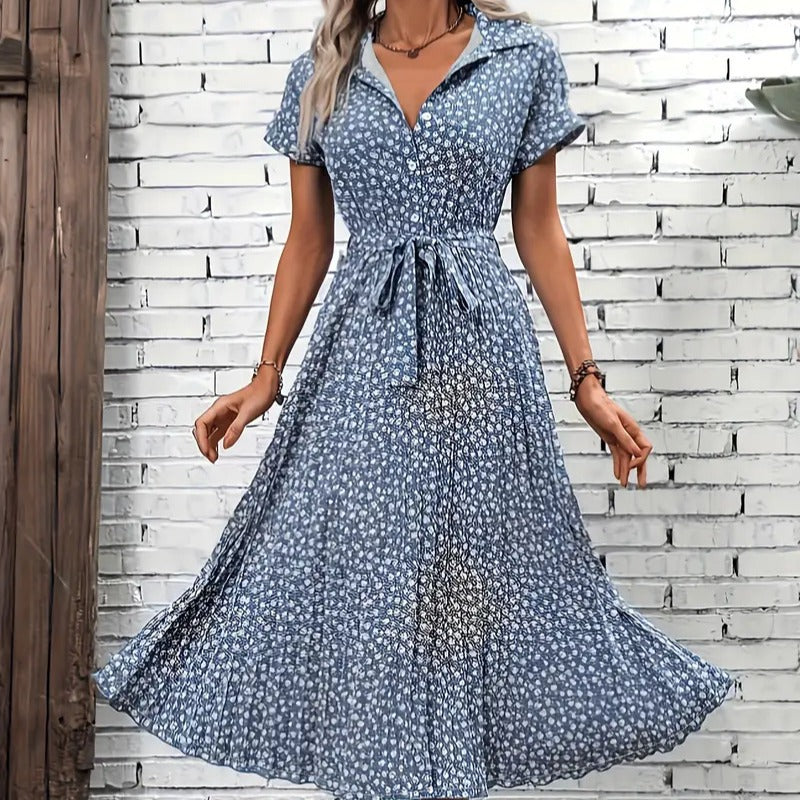 Damen Maxikleid mit knöpfbarem Kragen und Bindegürtel EB