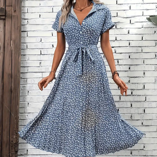 Damen Maxikleid mit knöpfbarem Kragen und Bindegürtel EB