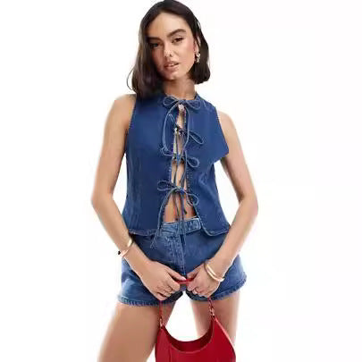 Damen Denim-Weste mit innovativem Schnürverschluss und stylischem Design EB