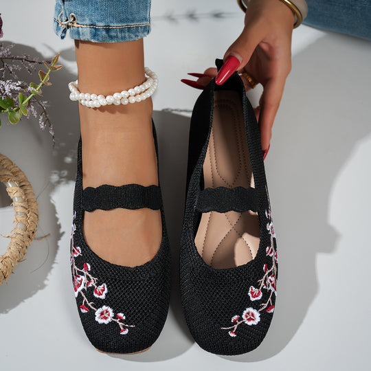 Damen Ballerinas mit floralem Stickdesign und elastischem Riemen EB