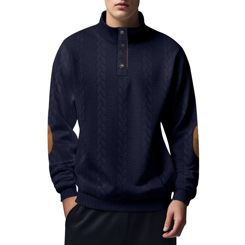 Herren nan strukturiertes Kabelstrick-Henley-Pullover mit Stehkragen und Ellbogenpatches EB