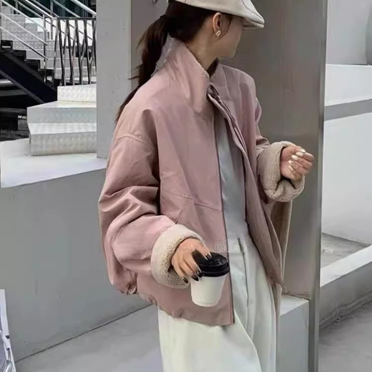 Damen Kurze Oversize Bomberjacke mit Teddyfutter an Bündchen und Stehkragen EB