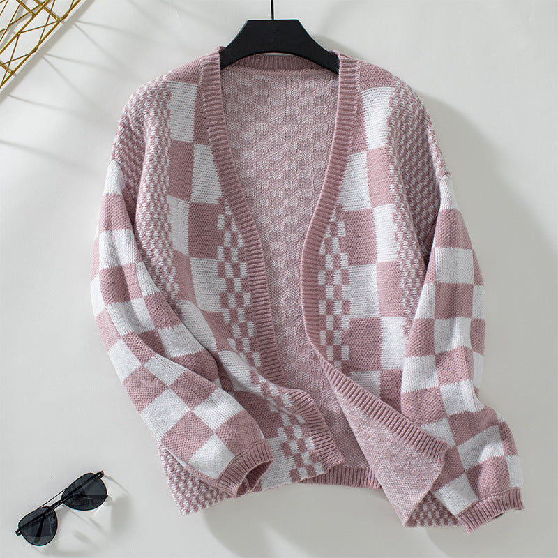 Damen lässige Strickjacke im modischen Karomuster EB
