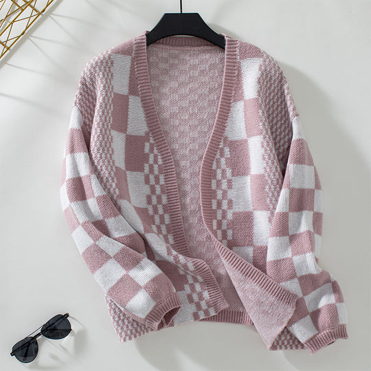 Damen lässige Strickjacke im modischen Karomuster EB
