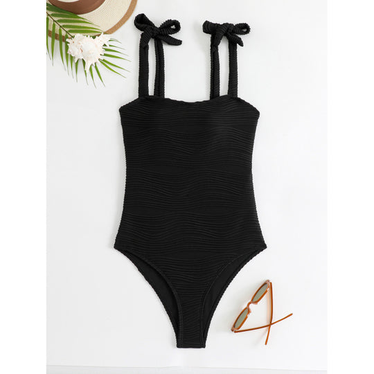 Damen Einteiler Badeanzug mit modischem Wickelrock und eleganten Bindebändern EB