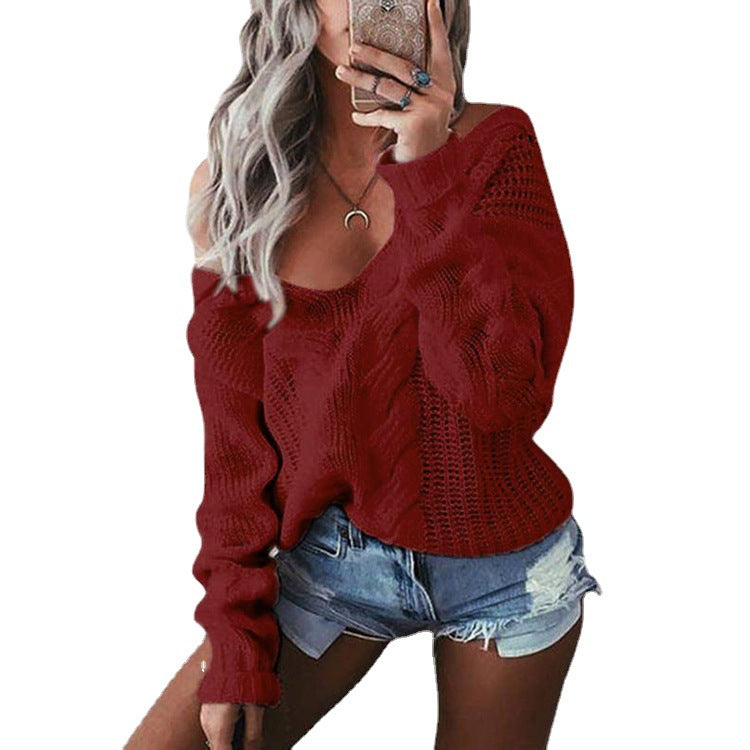 Damen lässiger Strickpullover mit offener Schulter und voluminösen Ärmeln EB