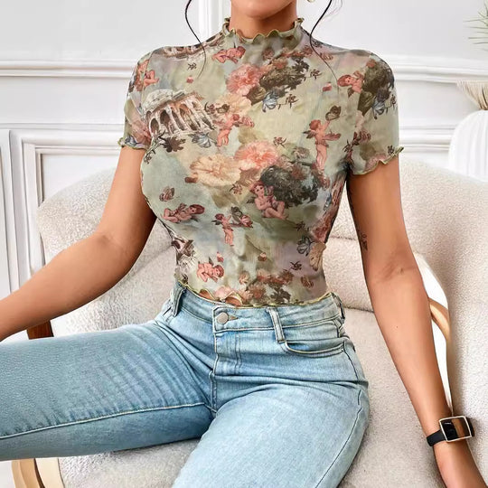 Damen figurbetonter Turtleneck-Body mit kunstvollem Druck EB