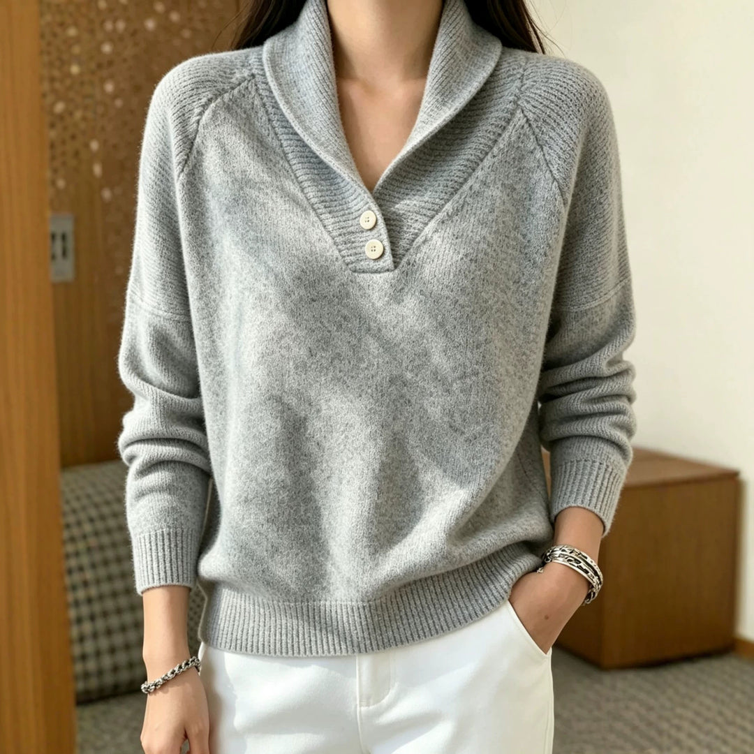 Damen Weicher Schalkragen‑Pullover mit halber Knopfleiste und Raglanärmeln EB