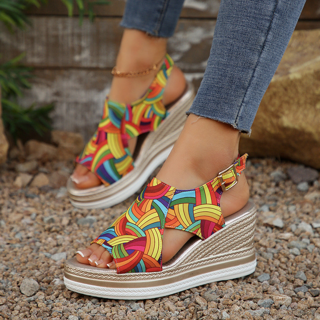 Damen Wedge-Sandalen mit buntem geometrischem Muster EB