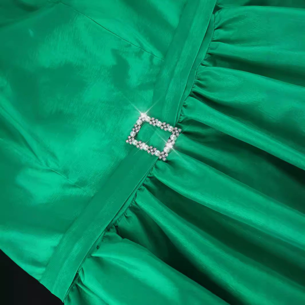 Damen Elegantes Midikleid mit Puffärmeln und diamantbesetztem Gürtel EB