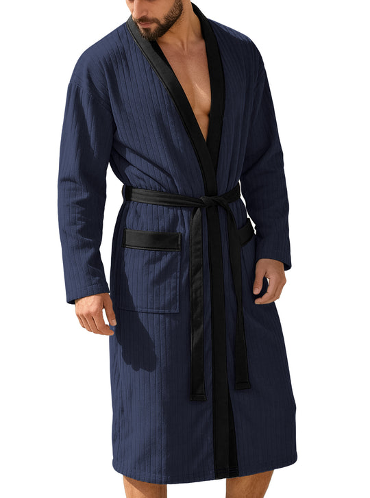 Herren nan wadenlanger Rippen-Bademantel im Kimono-Stil mit Schalkragen und Kontrastpaspel EB