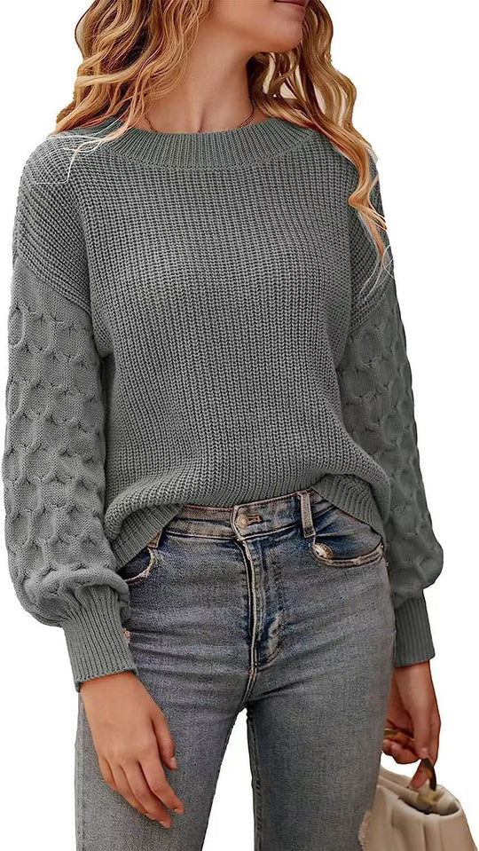 Damen modischer Strickpullover mit strukturierten Ärmeln und Rundhalsausschnitt EB