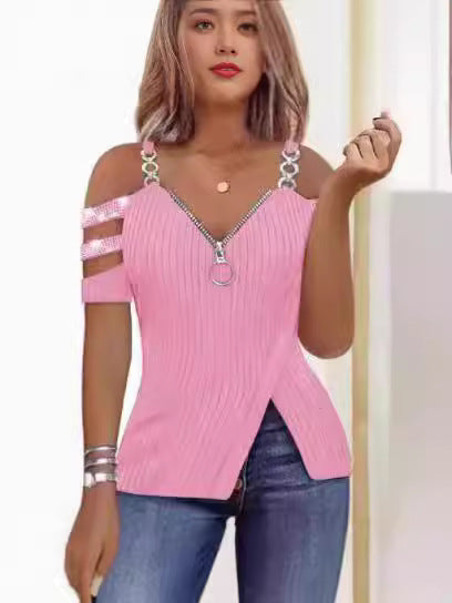 Damen Elegantes Oberteil mit asymmetrischem Schnitt und dekorativem Reißverschluss EB