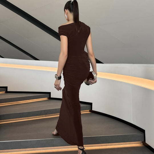 Damen Elegantes Wickel-Maxikleid mit asymmetrischer Schulterpartie EB