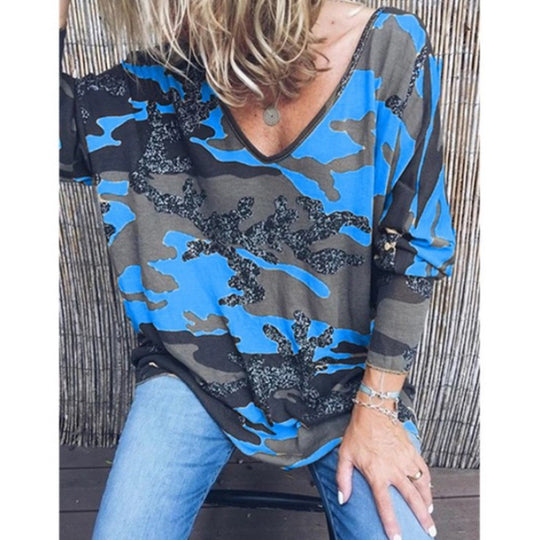 Damen Oversize V‑Ausschnitt Longshirt mit Camouflage‑Print und Glitzerbesatz EB