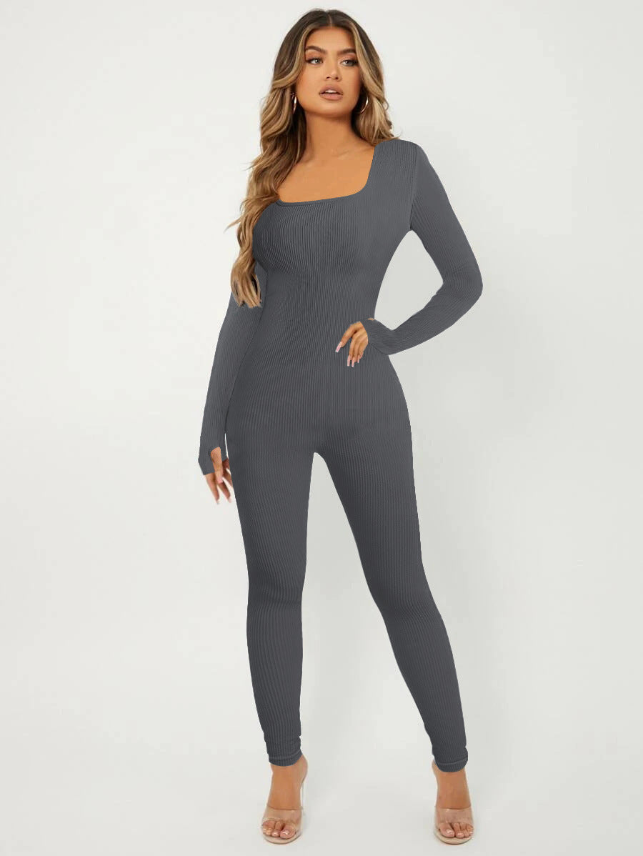 Damen Langarm Jumpsuit im eleganten Rippenmuster EB
