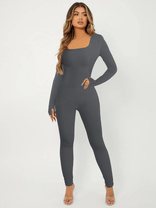 Damen Langarm Jumpsuit im eleganten Rippenmuster EB