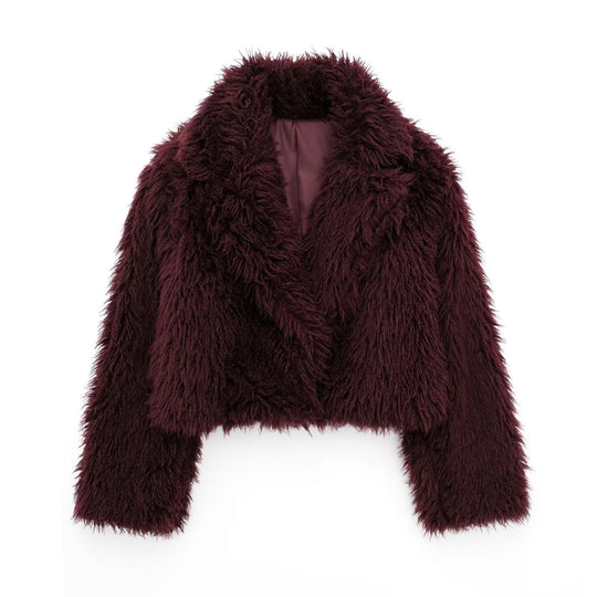 Damen nan kurze kuschelige Kunstfell-Cropped-Jacke mit großzügigem Schalkragen und offener Front EB
