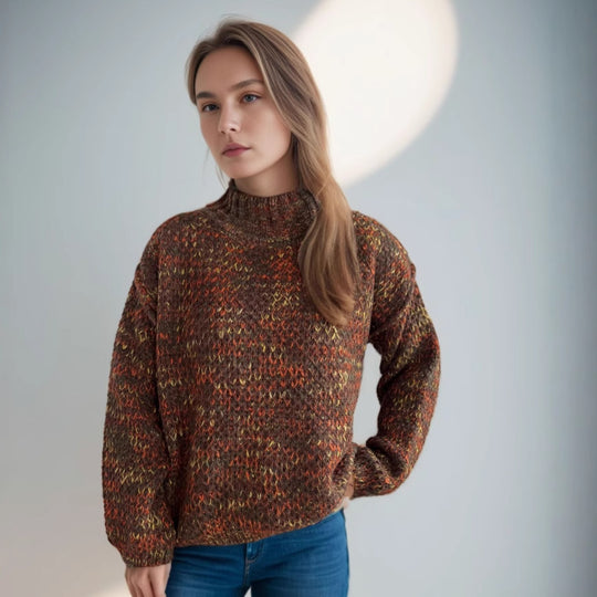 Damen gemütlicher Rollkragenpullover mit modernem Lochstrickdesign EB