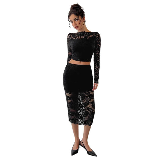 Damen Spitzenensemble mit langärmligem Crop-Top und figurbetontem Rock EB