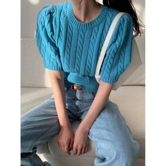 Damen Strickpullover mit voluminösen Ärmeln und Zopfmuster EB